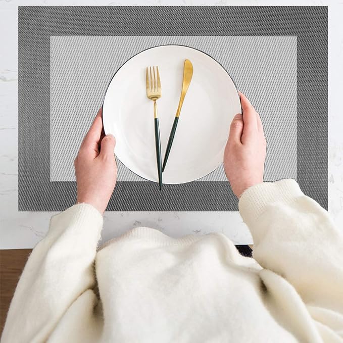 PIGCHCY Modern Elegant Placemats Set of 6 and Table Runner Washable Vinyl Placemats Non-Slip Durable Table mats Sets (6 Placemats+1 Table Runner, Silver)