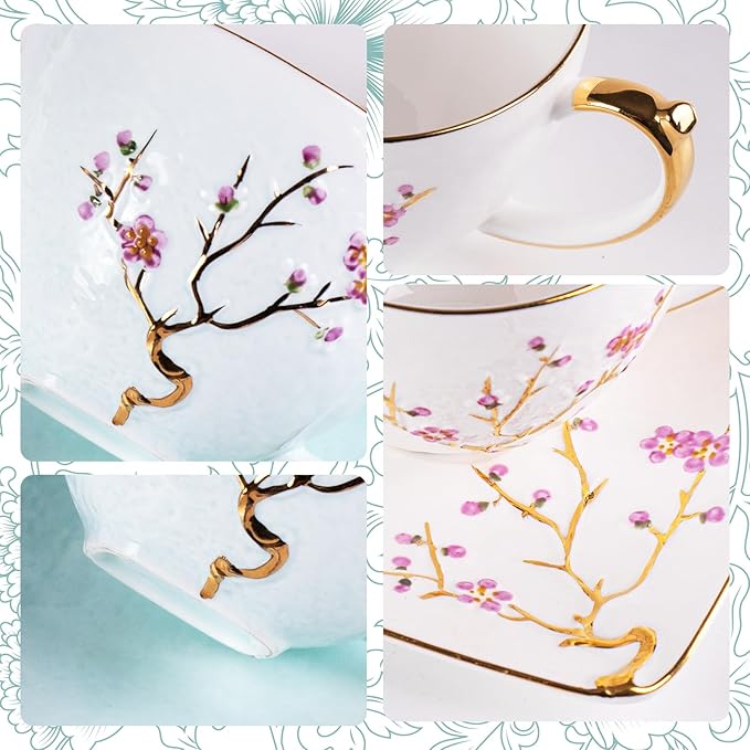 KAMMAK Tea Cups and Saucers Set of 2, Fine Bone China Coffee Cups, Stackable Espresso Mugs, Ceramic Demitasse for Coffee, Cappuccino, Latte, Americano, Tea, Golden Plum (White + Blue)