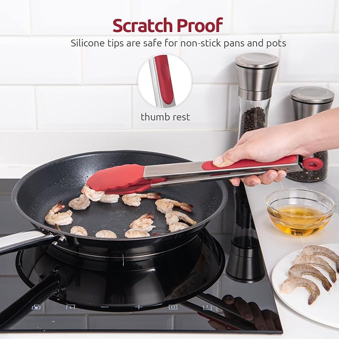 600ºF Heat Resistant Kitchen Tongs: U-Taste 12 inch Large Silicone Cooking Tong with Sturdy Non Stick Rubber Tips & Silicon Coated 18/8 Stainless Steel Handle & Smooth Locking for Serving Grill (Red)