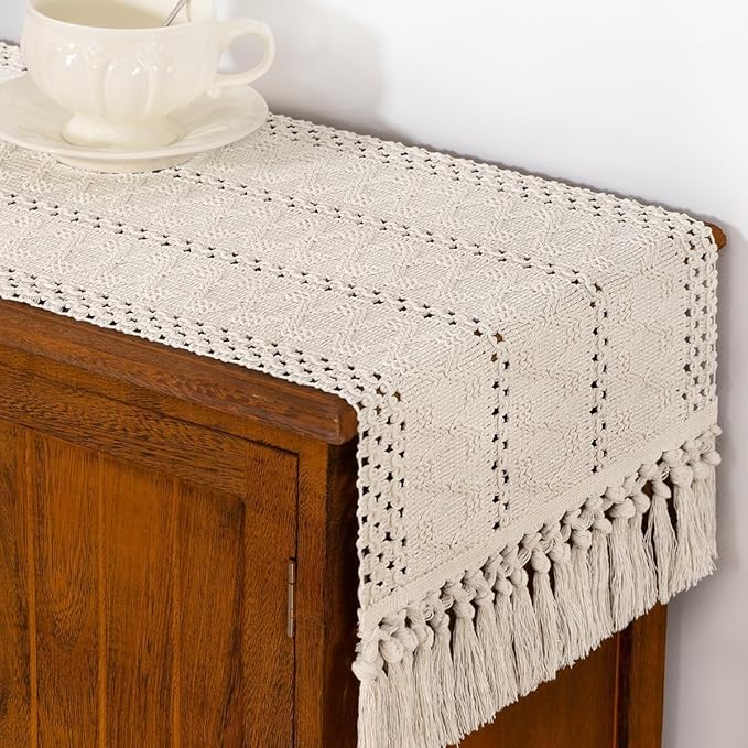 Boho Woven Cotton Linen Table Runner Beige 11"x70" with Tassels Rustic Macrame Farmhouse Table Runner Summer Decor for Dining Room Wedding Kitchen Party
