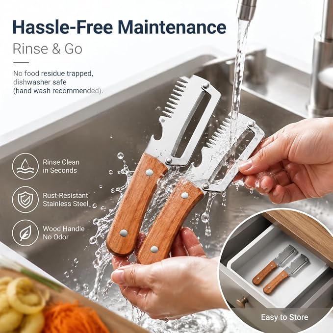 2Pcs Vegetable Peeler with Wooden Handle, Odor-Free Stainless Steel Multi Functional Vegetable Cutter, 2-in-1 and 3-in-1 Kitchen Tool with Scallion Shredder and Bottle Opener for Cooking and Camping