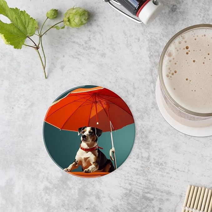 Summer Dog Sun Bathing Pattern Set of 4 Ceramic Coasters with Holder,Absorbent Drink Bar Coasters,Table Coasters