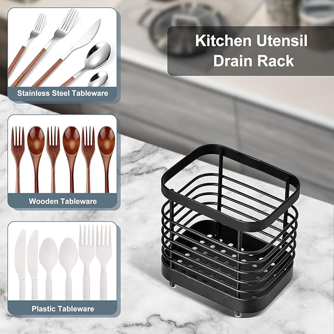 Utensil Holder, Stainless Steel Utensil Drying Rack for Kitchen Counter, Silverware Cutlery Flatware Holder Forks, Knives, Spoons, Chopsticks Organizer (Black)