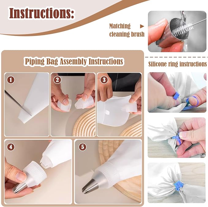 14-Piece Reusable Piping Bags and Tips Set- Cotton Baking Kit with Coupler, Stainless Steel Nozzles,Silicone Cable Ties& Cleaner for Cakes/Cupcakes/Cookies Decorating