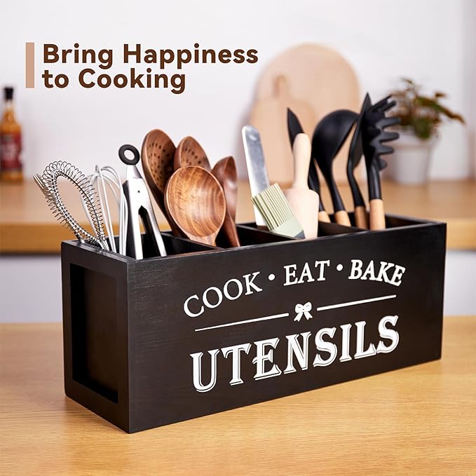WDT Tool Utensil holder for Kitchen Counter Large Round Utensils Holder with Wooden Base Matte Black Cooking Utensil Holder,Kitchen countertop Utensil Organize (Black-4 Compartments)