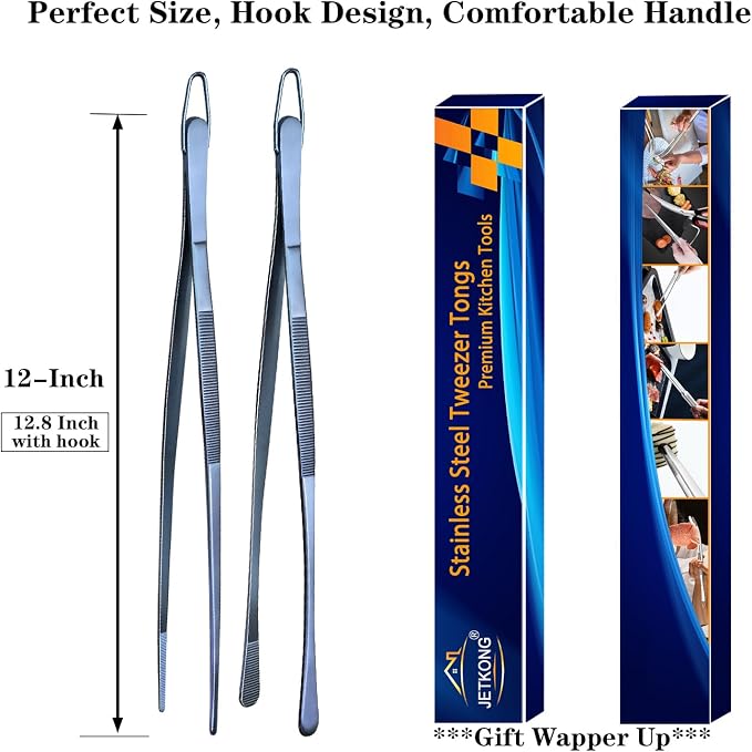 JETKONG 2 Pcs 12-Inch Cooking Tweezer Tongs Stainless Steel Kitchen Tweezers Plating Tongs (Navy Blue)