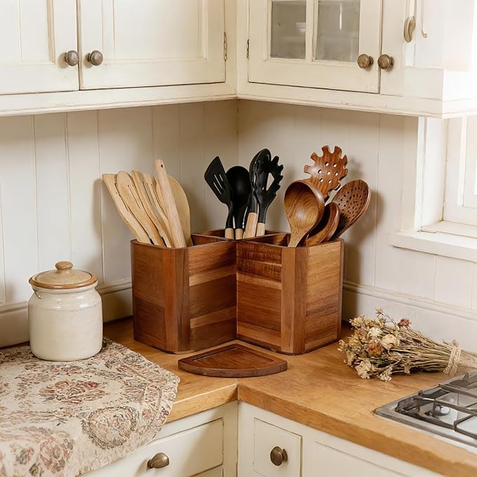 Large Kitchen Utensils Holder with 3 Compartments,Corner Utensil Caddy for Countertop,Acacia Wooden Utensil Organizer for Kitchen Countertop, Farmhouse Decor