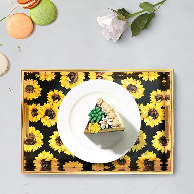 Sunflower Gold Decorative Tray Set of 2, Plastic Serving Tray with Handles, Rectangular Coffee Table Tray, Nesting Trays for Living Room, Bathroom, Ottoman