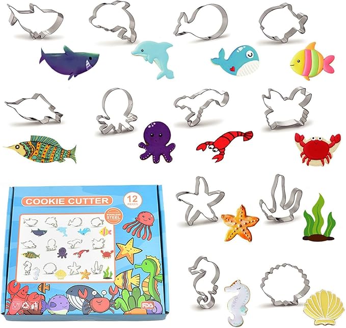 12 Pcs Ocean Creatures Cookie Cutters, Dolphin, Crab, Clownfish, Octopus, Seahorse, Starfish, Jellyfish, Seashell, Shark, Seaweed Stainless Steel Cookie Cutters for Baking (Sea Animals)