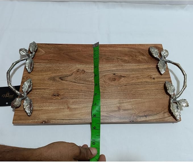Rustic Wood Serving Tray with Rope Handles, 16 x 8 inches with Metal Handle (accasia Wood Tray with Tree Silver, Standard)