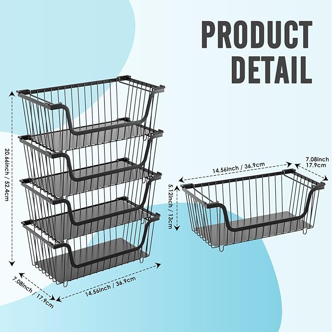 GAOKASE 4 Pcs Stackable Wire Baskets for Pantry Organizers and Storage,Vegetable Fruit Basket for Countertop,Kitchen Storage Metal Baskets,Produce Potato Onion Storage Bin,Black
