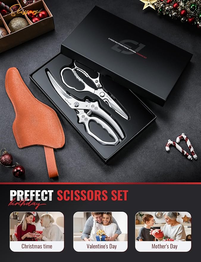 Emojoy 2-Piece Kitchen Scissors Set with Poultry Shears, Japanese Stainless Steel Kitchen Shear, All Purpose Scissor for Food, Chicken Bones, Dishwasher Safe