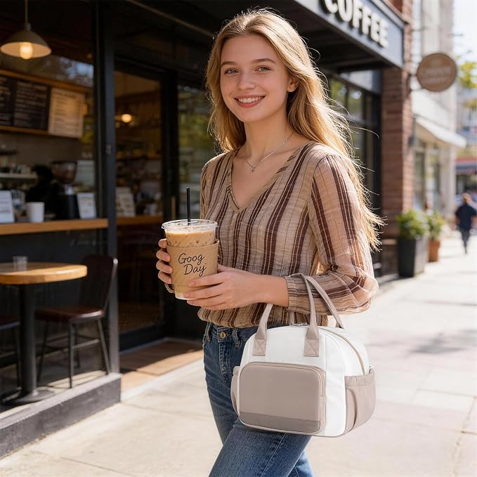 Stylish Color-blocked Lunch Bag for Women, Leakproof Lunch Box for Adult Girls, Large Capacity Reusable Lunch Box for Work Picnic Travel(Khaki with Off White)