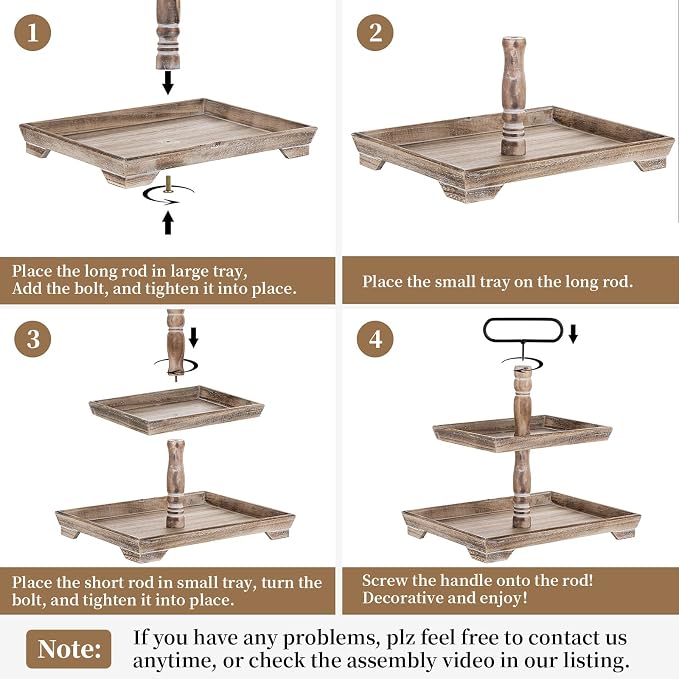 Hanobe 2 Tiered Decorative Tray Stand for Coastal Coffee Table Decor | Large Farmhouse Display Stands for Seasons - Wood for Kitchen Counter Decorations