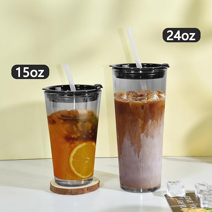 15oz Glass Iced Coffee Cup Set of 2 with Lid and Straw, Thick Leak Proof Drinking Glasses Tumbler for Gift, Cold Drink, Smoothie, Boba Tea (Gray & Clear)