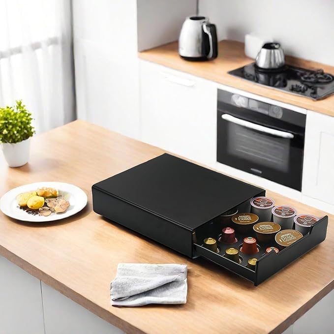 K Cup Coffee Pod Holder Drawer, 20 Capacity Organizer, Storage for Nespresso Originaline and Dolce Gusto, Black