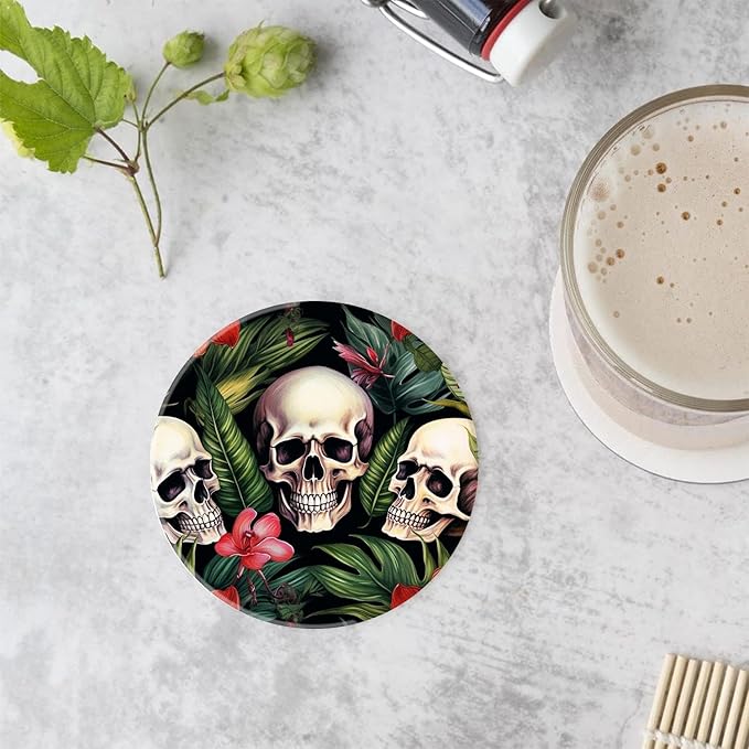 Tropical Plants Flower Floral Skull Multicolor Set of 4 Ceramic Coasters with Holder,Absorbent Drink Bar Coasters,Table Coasters