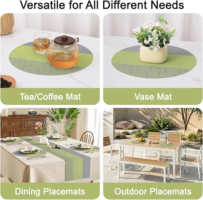 Round Placemats Set of 8, 15 Inch Woven Vinyl Heat Resistant Place Mats, Washable Non Slip PVC Table Mats for Kitchen Dining Party Outdoor Table Decor (Gray Grass Green, 8)