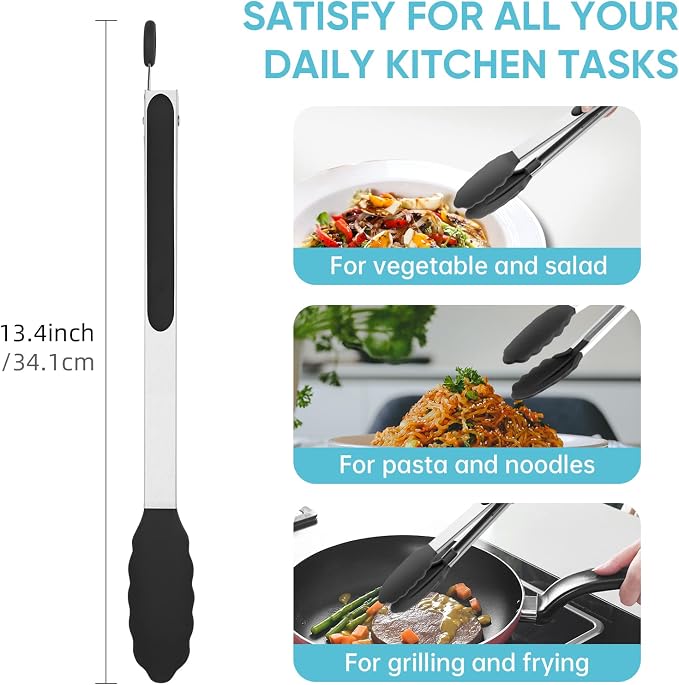 600℉ Heat Resistant Kitchen Tongs for Cooking with Silicone Tips,Maywe Tanso 12-Inch Stainless Steel Locking Cooking Tongs Food Tongs for BBQ,Cooking,Salad and Serving Food,Heavy Duty,Non-Stick,Black