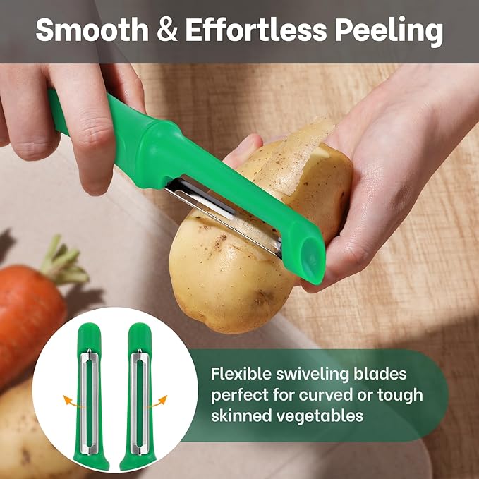Beneno Swivel Vegetable Peeler, Razor-Sharp Smooth Peeling Potato Peelers with Stainless Steel Blades, Ergonomic Comfort Non-Slip Rubber Handle, Durable Kitchen Peelers with Potato Eye Remover, Green