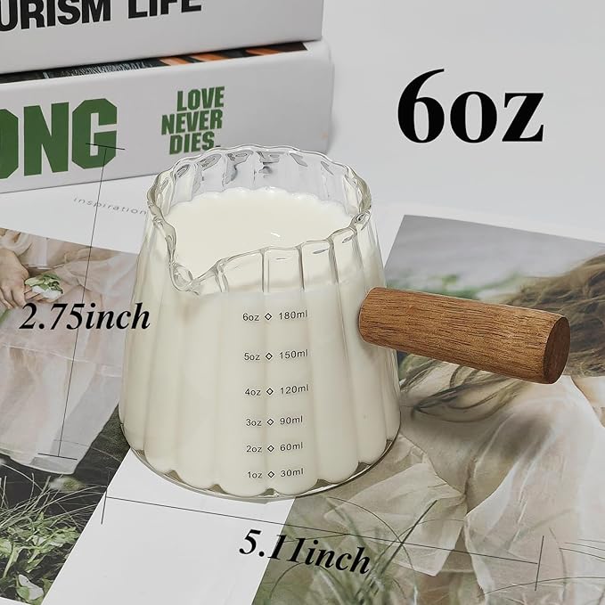 TIWPAJS 2-Pack Espresso Cups With Wood Handle 6oz, Espresso Accessories, Milk Frothing Pitcher, Glass Measuring Cup, Shot Glass