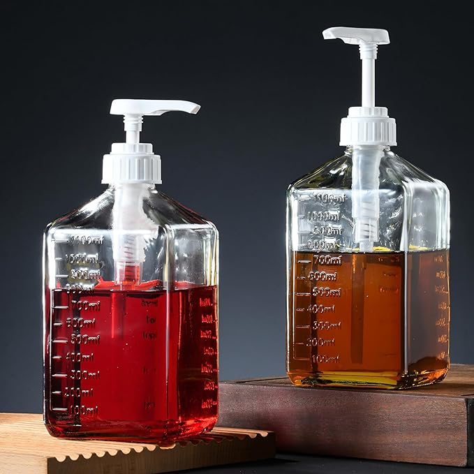 Large Capacity Syrup Dispenser for Coffee Bar, Pump Dispenser 37oz 1100ml Glass Syrup Bottle w Measuring Cup and Funnel, Dispenser Bottle w Upgraded Pump