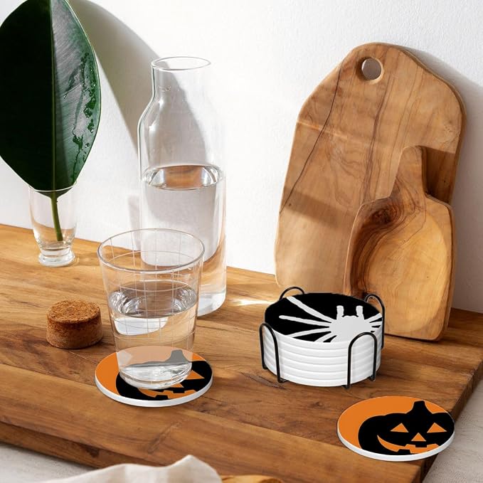 Drink Coasters for Drinks Set of 6, Green Black Orange Halloween Absorbent Round Ceramic Stone Mat Coaster, with Cork Base and Metal Holder, Home Bar Decor House Warming Gift