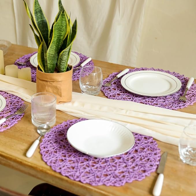 AHHFSMEI Paper Braided Round Placemats Set of 12 Natural Non-Slip Heat Resistant Table Mats for Dining Tables Woven Indoor Outdoor Place mats(Purple,12)