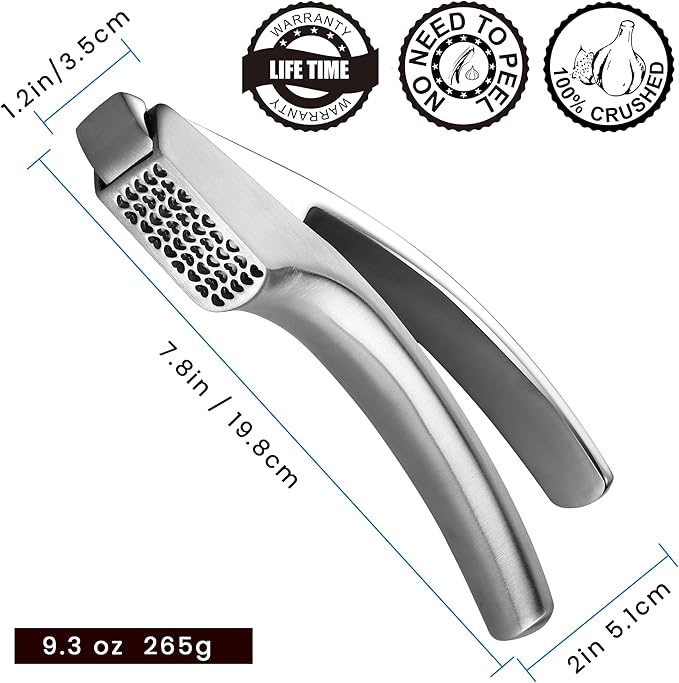 No Peeling Required Garlic Press Stainless Steel with Detachable Handle for Coarse Mincing - Premium Garlic Mincer Tool, Rust-Proof, Easy to Clean, Dishwasher Safe Garlic Crusher, Lifetime Replacement