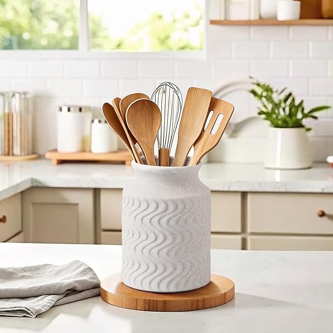 Farmhouse Ceramic Farmhouse Kitchen Utensil Holder for Countertop, Rustic Cooking Utensil Holder Crock Fit for Kitchen Counter