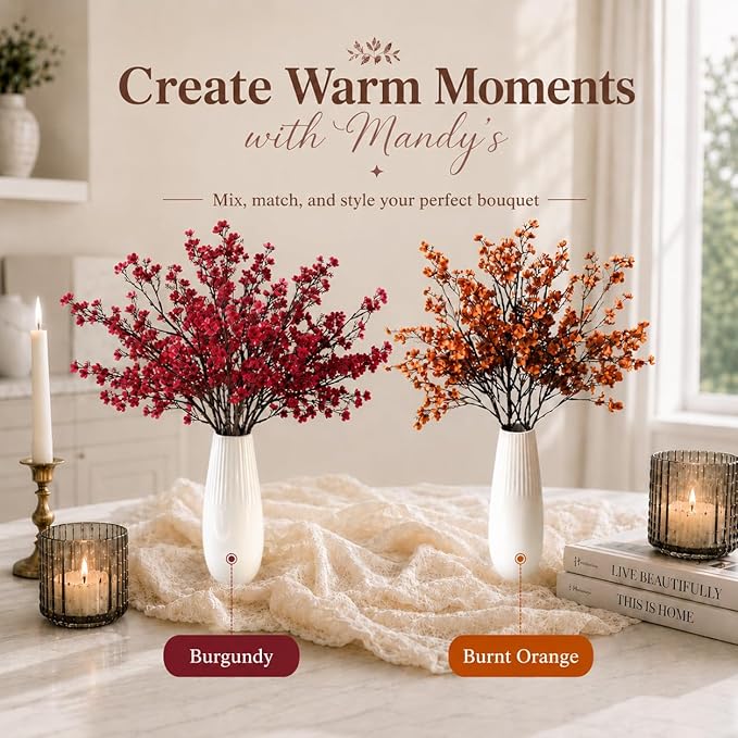 Mandy's Burgundy Artificial Baby’s Breath Flowers 15 Bundles Silk Gypsophila, 18.5 Inch European Style Modern Home Decor Centerpiece, Neutral Wedding Flower Arrangements