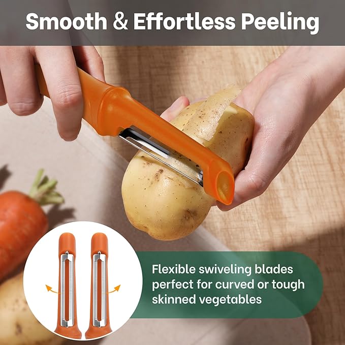 Beneno Swivel Vegetable Peeler, Razor-Sharp Smooth Peeling Potato Peelers with Stainless Steel Blades, Ergonomic Comfort Non-Slip Rubber Handle, Durable Kitchen Peelers with Potato Eye Remover, Orange