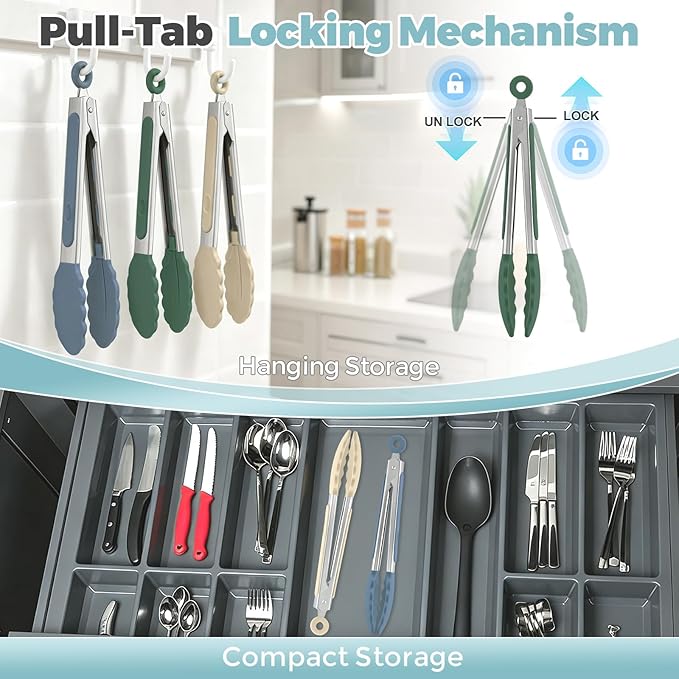 Small Cooking Tongs 7 inch Mini Serving Tongs with Silicone Tips, Set of 3 (Dark Blue + Dark Green + Cream)