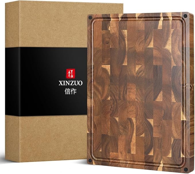XINZUO Large Thick End Grain Acacia Wood Cutting Board- (19''L x 14''W x 1.5''T) Reversible Wooden Chopping Board with Non-Slip Feet, Built-in Handles and Juice Groove- Butcher Block Cutting Board