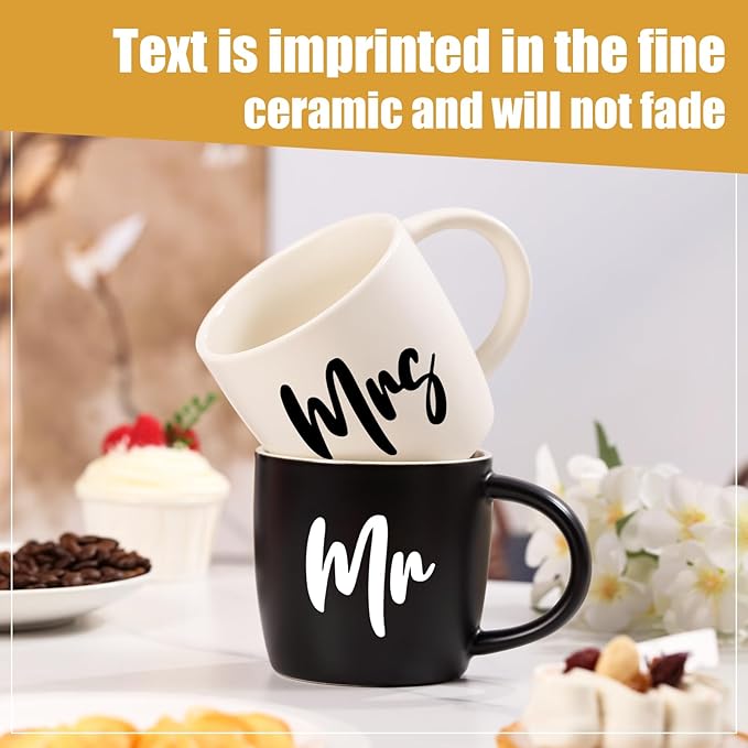 12 oz Mr and Mrs Mug, Ceramic Coffee Mug for the Couple, Ideal Gift for Engagement, Anniversary, His and Hers, Bride and Groom,Wedding Gifts for Couples 2026 - Set of 2 (Black & White)