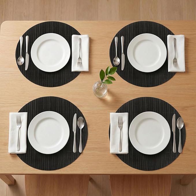 AHHFSMEI Round Placemats Set of 6 Woven Vinyl Non-Slip Heat Resistant Stain Resistant Easy Clean Place mats for Dining Table(Black)