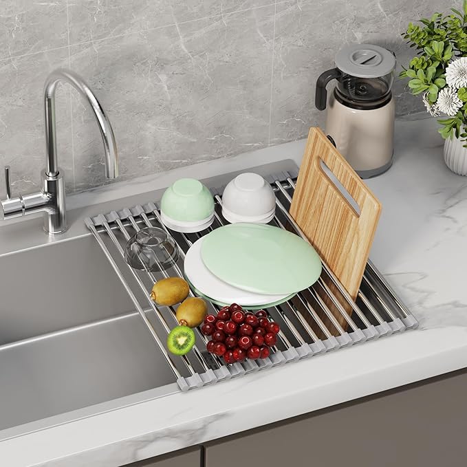 Foldable Over Sink Dish Drying Rack - Stainless Steel Sink Drain Rack with Silicone Edges, Roll-Up Storage for Kitchen, RV, Dorm Sinks (14.5×13.7in)