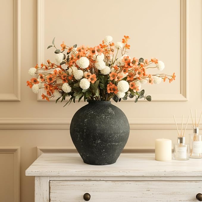 RyddeligHome Artificial White Kiku & Orange Wax Flowers, 22 Long Stems Bulk Silk Flowers for Vases, Spring Floral Stems Arrangements for Home Decor, Centerpieces for Tables, Rustic Decorations