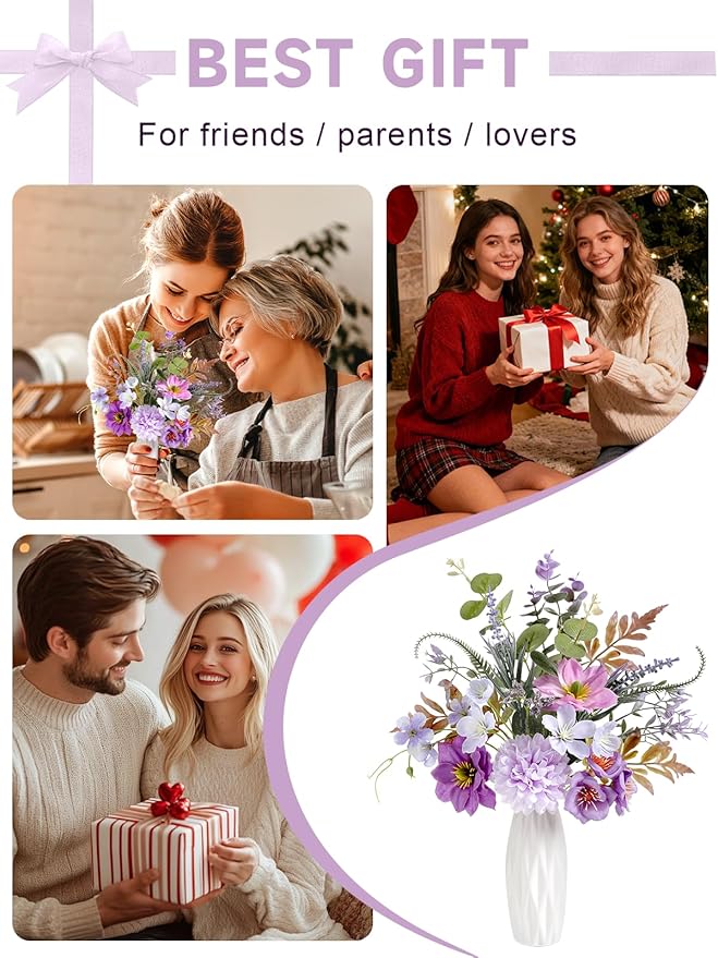 Small 11.8" Artificial Flowers in Ceramic Vase - Purple Silk Flower Centerpiece for Dining Table, Office, Wedding & Farmhouse, Home Decor Gifts