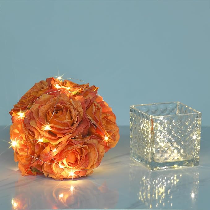Artificial Rose in Glass Vase Vintage Silk Flower Arrangement with LED Light for Table Centerpiece Home Wedding Decoration (Orange)