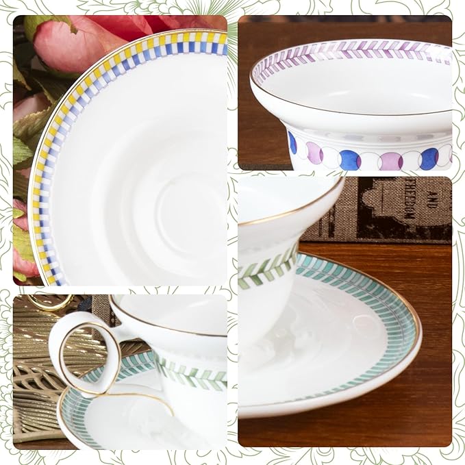 KAMMAK Ceramic Coffee Cups Saucers Set of 2, Porcelain Espresso Cups with Saucers, 5.92 oz Handmade Elegant Bone China Tea Cup, Ceramic Floral Pattern Demitasse for Latte, Americano, Cappuccino