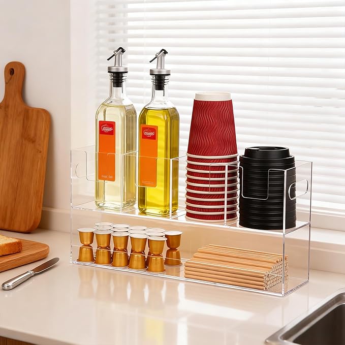 MYITYARD Cup Storage Organizer, Coffee Station Caddy, Clear Acrylic Cup and Lid Holder, Coffee Condiment Bar Accessories for Pods, Sugar, Creamer, Syrup, 5 Compartments