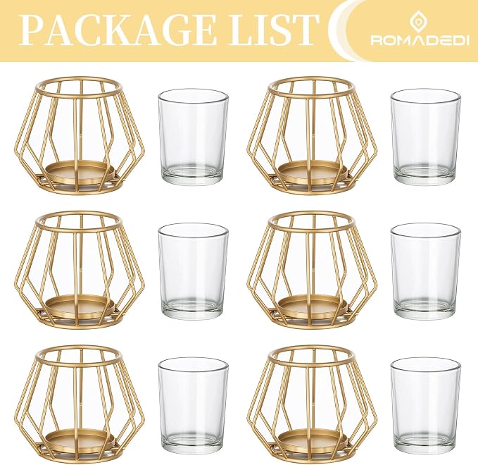 Geometric Tea Light Candle Holders - Wedding Centerpiece for Tables Morden Metal Votive Tealight Candles Stand with Glasses Coffee Home Room Decor Wedding Party Birthday Decoration, Gold 6 pcs