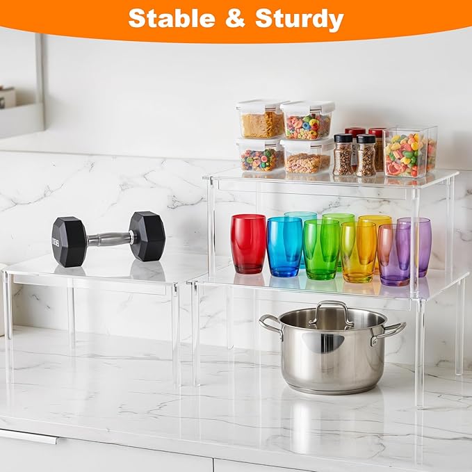 4 Pcs Clear Acrylic Cabinet Organizer Shelves, Stackable Spice Rack & Shelf Riser for Kitchen Pantry, Countertop, Bathroom, Desk & Cupboard Storage, Versatile Display Organizer for Makeup