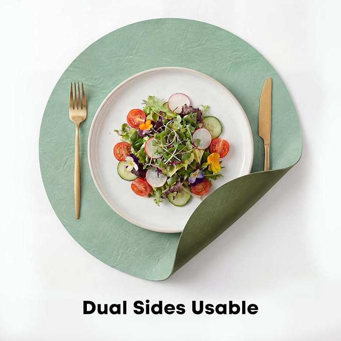 Artoid Mode Sage Faux Leather Placemats Set of 6, 15 Inch Waterproof Wipeable Heat Resistant Vinyl Place Mats, Reversible Table Mats for Spring Kitchen Dining Decor