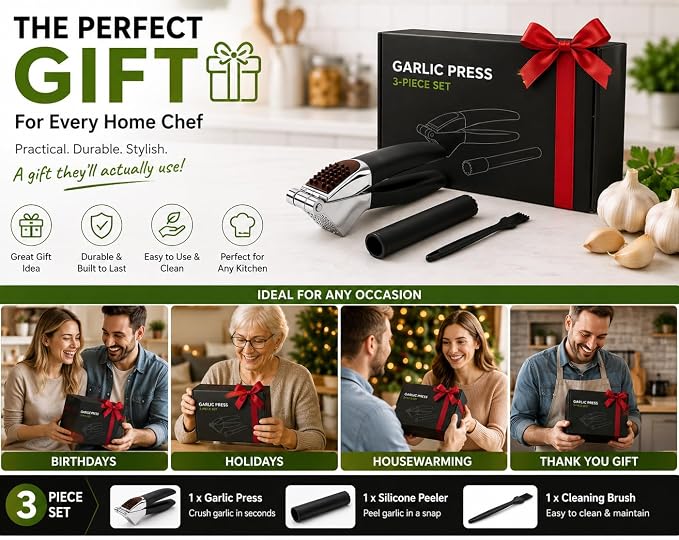 HOMFTY Garlic Press Set – Heavy Duty Stainless Steel Garlic Mincer & Crusher with Silicone Peeler, Ginger Press & Cleaning Brush – Large Chamber, Ergonomic Non-Slip Handle, No Peeling Needed