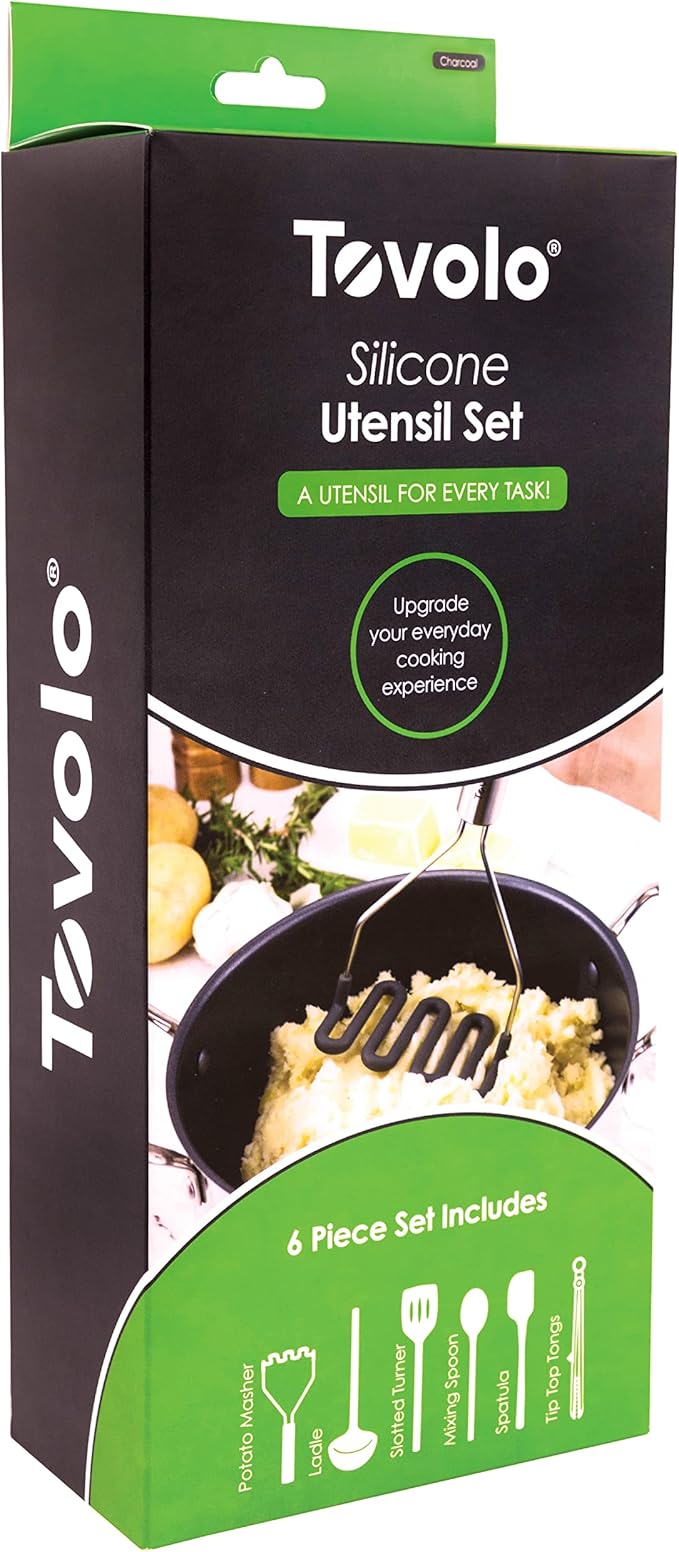 Tovolo Silicone Cooking Utensil Set of 6 Stainless Steel Handle Ladle Slotted Turner Tongs Flex Core Spatula Scraper Mixing Spoon & Potato Masher, Dishwasher Safe BPA Free Utensils, Charcoal Gray