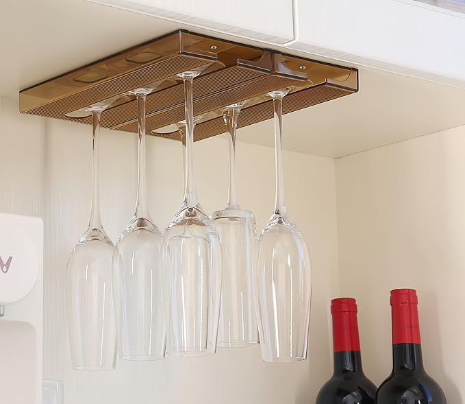 Wine Glass Holder Under Shelf Cabinet Wine Glass Rack Plastic Stemware Rack Glassware Drying Storage Hanger for Kitchen,Bar and Restaurant (2Pack-Brown)