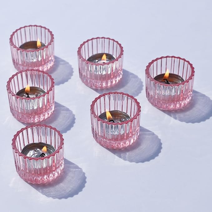 VOHO Pink Candle Holders for Girl Birthday Gifts, 12pcs Tealight Candle Holder for Centerpiece Table Decorations, Glass Candle Holder for Votive Candles & Tea Lights Candles