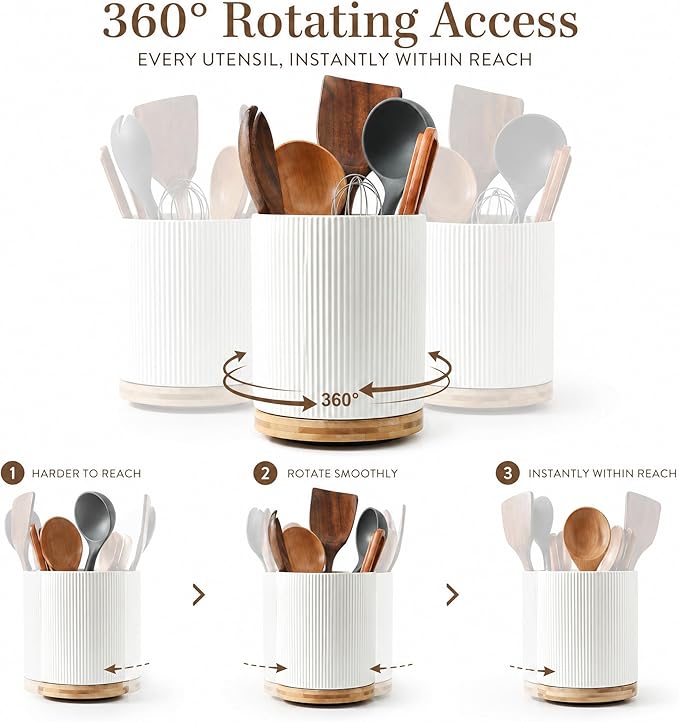 KSENDALO Large 360° Rotating Utensil Holder, Cream Milk White 7.76" Kitchen Crock for Cooking Utensils, Durable Countertop Storage for Home Kitchen